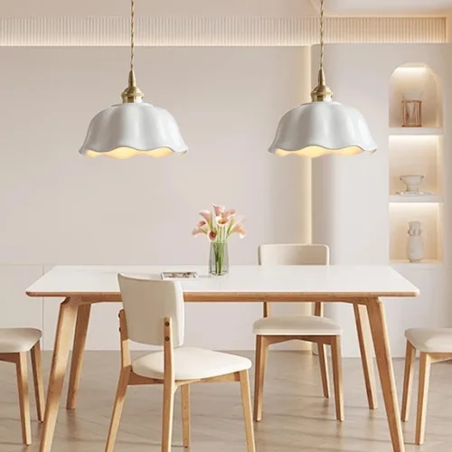 7 in Vintage Pendant Light Fixtures, Modern White Flower Ceramic Shade Ceiling Hanging Lighting with Brass Finish, Gold Dome Adjustable Cord