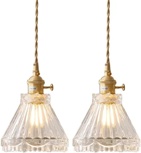 Miniatura 6 de Moderno paquete de 2 lámparas colgantes de isla de cocina, candelabro vintage de latón cepillado, mini lámpara colgante de pantalla de vidrio