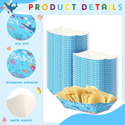 Miniatura 3 de Gejoy Juego de 100 piezas de suministros de fiesta de tiburón, papel desechable, aperitivos, decoraciones de cumpleaños, bandejas para servir comida