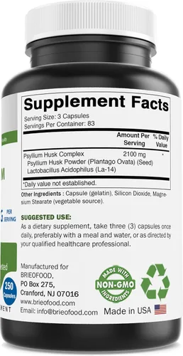 Miniatura 2 de Brieofood Suplemento de fibra de cáscara de psyllium con Lactobaciilus Acidophillus (La-14) - 2100mg por porción - 250 cápsulas - Ayuda a apoyar