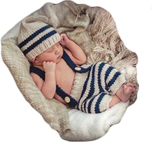 Miniatura 17 de Accesorios para sesión de fotos de bebé recién nacido, sombrero de punto de ganchillo, disfraz, sombrero de rayas, pantalones, mono, accesorios