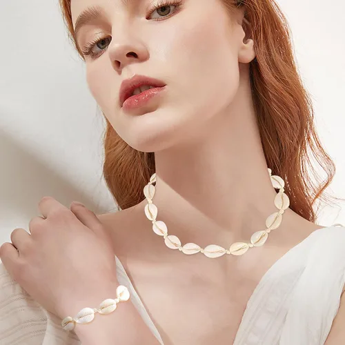 Miniatura 2 de Juego de collar y pulsera de concha natural para mujer, hecho a mano, gargantilla ajustable con concha natural
