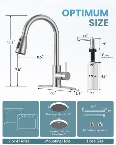 Miniatura 7 de WOWOW Grifo de cocina con dispensador de jabón: grifo de fregadero de cocina de acero inoxidable 304 con rociador desplegable de 3 modos, grifos A