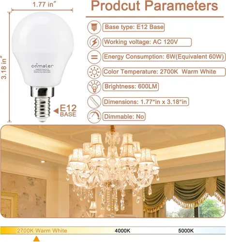 Miniatura 2 de comzler Bombillas LED A15 equivalentes a 60 W, blanco cálido 2700 K, bombilla redonda LED de base pequeña E12 para ventilador de techo, no 2700K