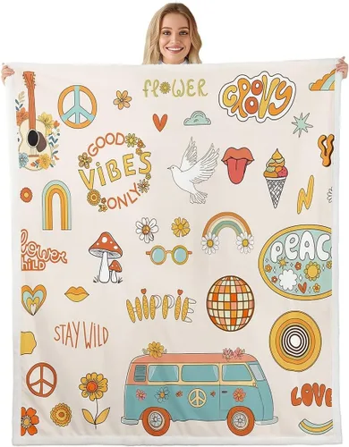 Miniatura 14 de Manta de vellón Kawaii Mushroom Boho – Hippie Groovy Floral Sherpa Queen – 60s 70s Retro Vintage Theme Throw – Chic Daisy Flower Plush Geometric