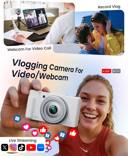 Miniatura 8 de Cámara digital True 5K para fotografía, enfoque automático de 80 megapíxeles con zoom digital 18X, pantalla giratoria de 3" 270°, cámara selfie