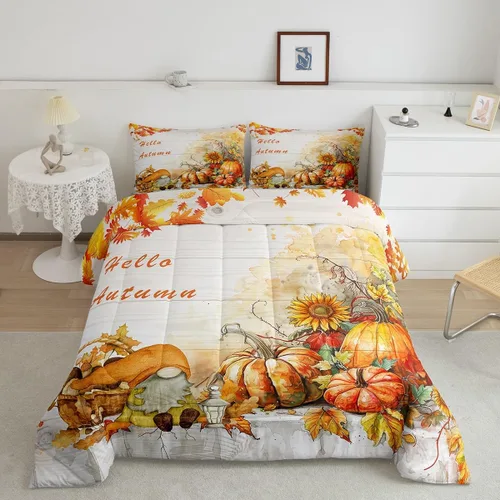 Miniatura 21 de Castle Fairy Juego de edredón de otoño con temática de Acción de Gracias, tamaño individual, juego de ropa de cama de calabaza, girasol, pavo