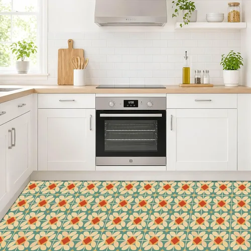 Miniatura 6 de IVN 10 PIEZAS 12x12 Pulgadas Azulejos de Piso con Patrón Floral Retro de Despegar y Pegar, Adhesivos Vinilo Desmontables y Autoadhesivos
