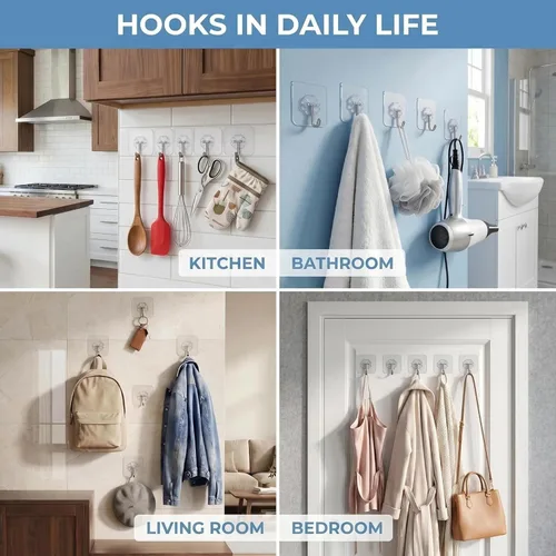 Miniatura 2 de Ganchos de pared – 33 libras máximo, transparentes, sin costuras, impermeables y resistentes al aceite, ganchos adhesivos resistentes para abrigos