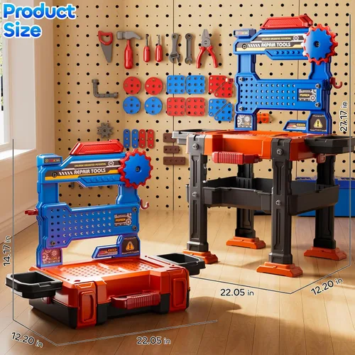 Miniatura 6 de Juego de Herramientas de Juguete para Niños de 3 4 5 6 7 8 años, Juguetes de Banco de Trabajo 2 en 1 para Niños Pequeños de 3-5 años, Caja