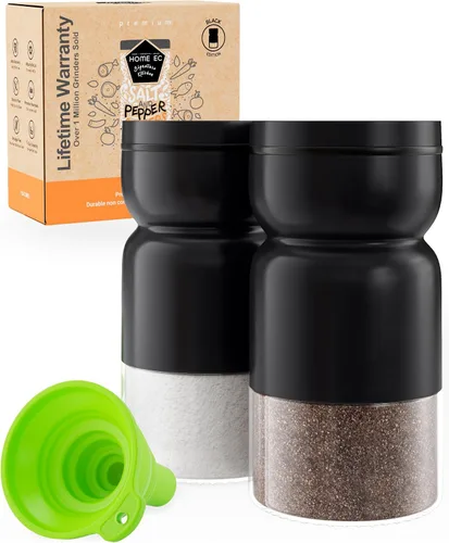 HOME EC Juego de saleros y pimenteros originales con agujeros ajustables para verter – Salero negro y pimentero – Dispensador de especias de granja