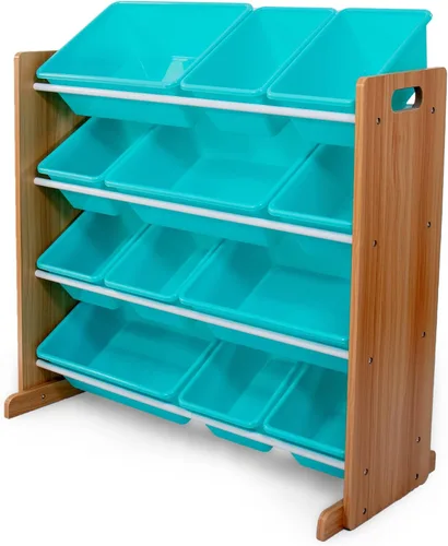 Humble Crew Organizador de almacenamiento de juguetes para niños con 12 cubos de plástico, madera natural/aguamarina, contenedores extraíbles para
