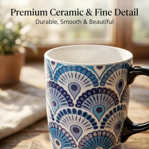Miniatura 6 de Topadorn Taza de café de cerámica de 17 onzas con tapa y caja de regalo, taza de té de porcelana con plumas de pavo real Art Deco, apta para Azul