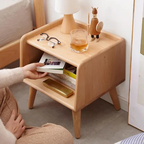 Miniatura 8 de Mesita de noche de madera maciza 100% natural con almacenamiento abierto, elegante mesita de noche moderna de mediados de siglo para dormitorio, 2