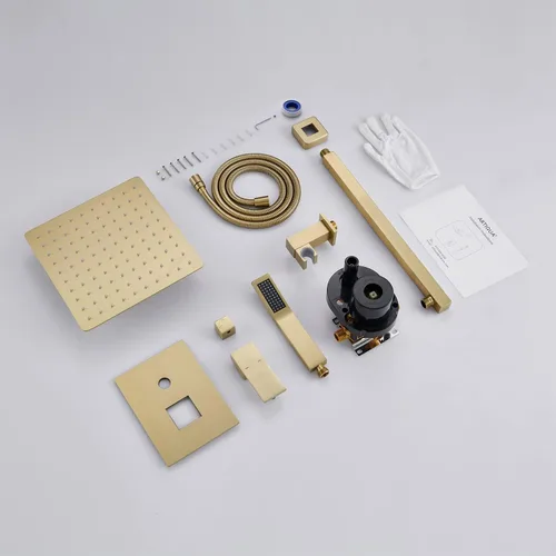 Miniatura 6 de Sistema de ducha de 10 pulgadas, juego combinado de ducha de lluvia dorado cepillado montaje en pared, grifería de baño con cabezal de ducha de Oro