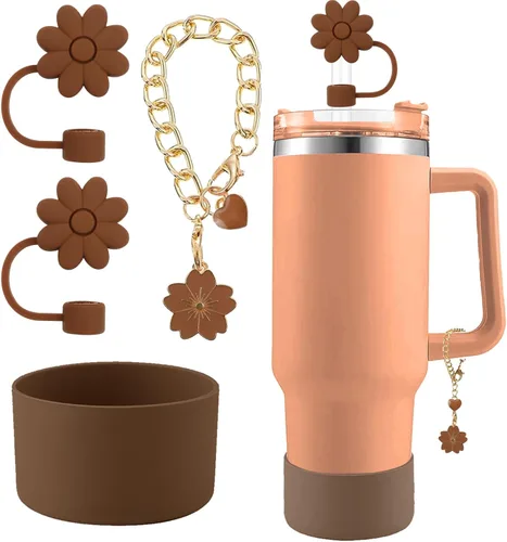 Accesorios para juego de tazas Stanley, 2 tapas de paja de flores reutilizables de 0.394 pulgadas (0.394 in), 1 dije de mango lindo y 1 funda de