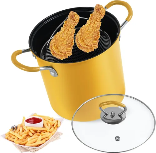 UKQRRTC Olla para freír con cesta coladora, sartén de acero inoxidable, resistente al calor, mini freidora de aceite, recipiente de aceite para