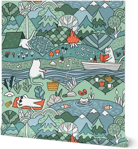 Papel tapiz para despegar y pegar – Day Lake restaura la naturaleza, animales, gatos, picnic de verano, gatos, papel tapiz extraíble personalizado