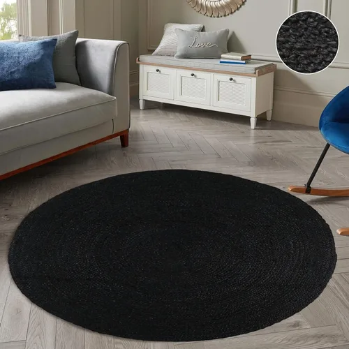 Miniatura 5 de Alfombra de Yute Trenzada Tejida a Mano - 4' Redonda - Alfombras de Estilo Granja Reversibles Negras para Sala de Estar, Dormitorio, Comedor, Cocina