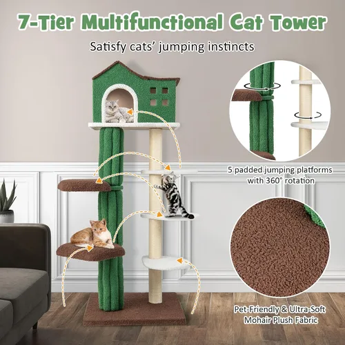 Miniatura 6 de Tangkula Árbol alto para gatos de interior, torre moderna de 7 niveles y 61 pulgadas con postes rascadores de sisal, condominio superior, tela