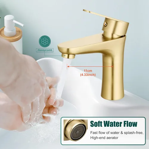 Miniatura 2 de Heyalan Grifo de lavabo de baño dorado cepillado, grifo de tocador de un solo orificio con drenaje desplegable, mangueras de agua fría y caliente