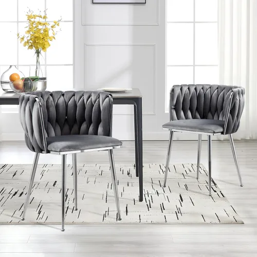 Miniatura 15 de Juego de 2 sillas de comedor de terciopelo, sillas de comedor tapizadas tejidas, sillones de ocio de lujo, sillas decorativas modernas con patas