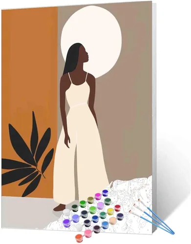 Pintura de niña afro a la moda, kits de pintura por números, 16 x 20 pulgadas, lienzo de hojas tropicales, pintura al óleo para niños y adultos