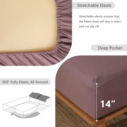 Miniatura 3 de Simple&Opulence Sábana bajera ajustable 100% lino tamaño matrimonial (1 pieza), funda de colchón de 14 pulgadas de profundidad de lino francés Morado