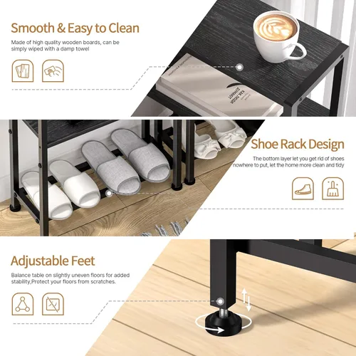 Miniatura 8 de Mesa auxiliar estrecha para espacios pequeños, mesa auxiliar pequeña de 2 niveles con soporte para estantes, mesita de noche delgada, mesa de sofá