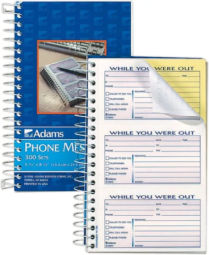 Adams Libro de mensajes para teléfono, 8.5 x 5.25 pulgadas, encuadernado en espiral, 2 partes, sin carbono, 3 mensajes por página, 300 juegos,