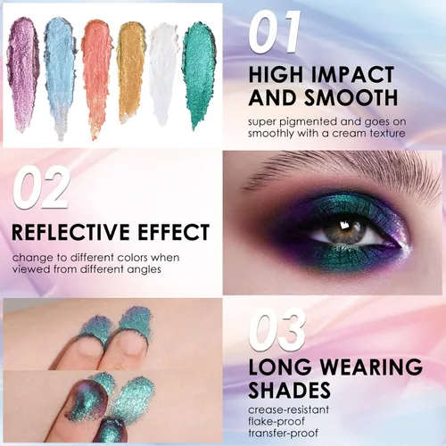 Miniatura 4 de FOCALLURE Duochrome Chameleon - Sombra de ojos con pigmento metálico que cambia de color, maquillaje de ojos multicromo, acabados multireflectantes