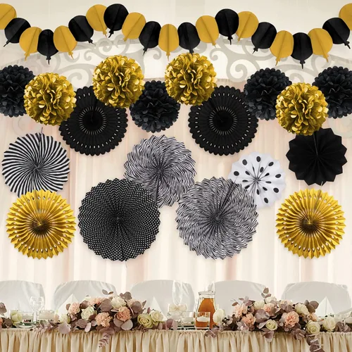 Miniatura 7 de Decoraciones negras y doradas, abanicos de pompones de papel para graduación, cumpleaños, boda, graduación, noche, Año Nuevo, decoraciones de fiesta