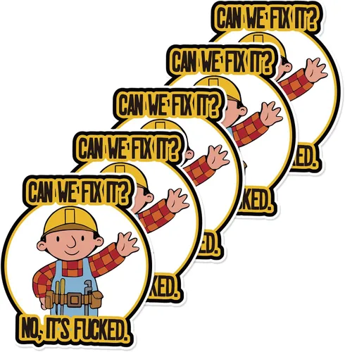 XMJY Paquete de 5 calcomanías divertidas para cascos duros, ¿Podemos arreglarlo? No, It's Fucked, lindas calcomanías de dibujos animados para casco