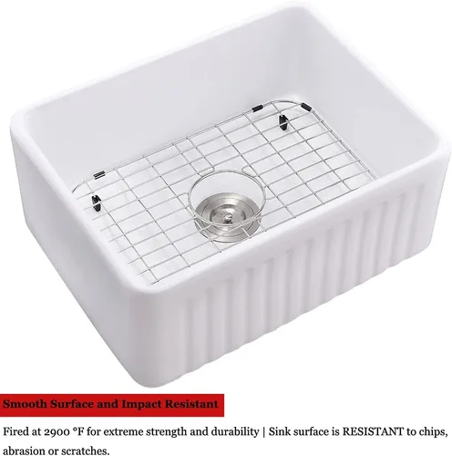 Miniatura 6 de Fregadero pequeño de 24 pulgadas, color blanco, de arcilla refractaria, de 24 x 18 pulgadas, delantal frontal de porcelana de cerámica, fregadero