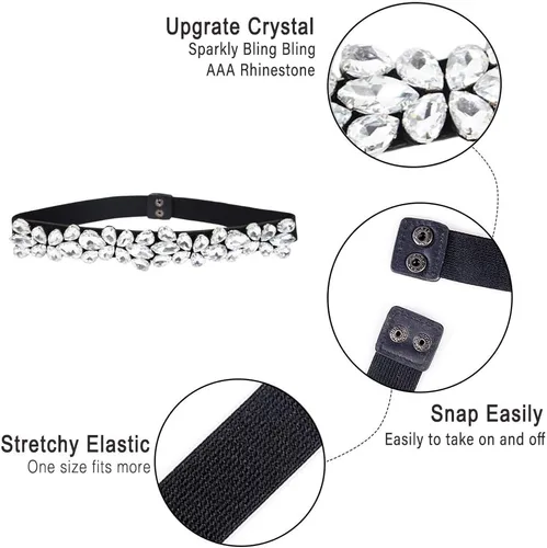 Miniatura 22 de Cinturón de diamantes de imitación para mujer, cinturones de vestir brillantes y delgados, cinturones de cintura elásticos para dama elegante