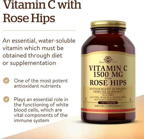 Miniatura 3 de Solgar Vitamina C de 1500 mg con escaramujos, 180 tabletas - Antioxidante e inmunológico - Salud general - Apoya la piel y las articulaciones
