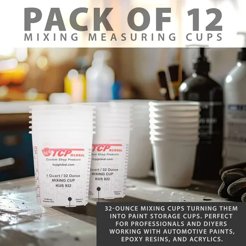 Miniatura 5 de Custom Shop Vasos de mezcla de pintura, 32 onzas (paquete de 12) – Vasos medidores de plástico para líquidos, pintura automotriz, resina epoxi, arte