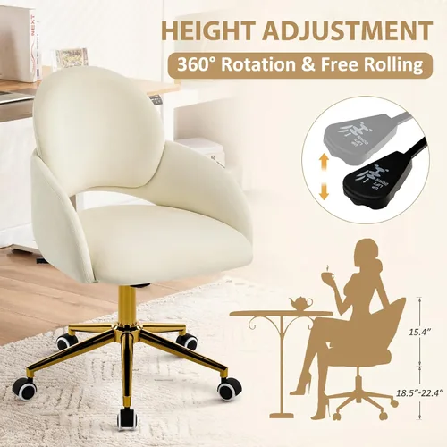 Miniatura 3 de Furniliving Silla de tocador con ruedas, linda silla de oficina tapizada con respaldo ahuecado, silla decorativa ajustable en altura con base