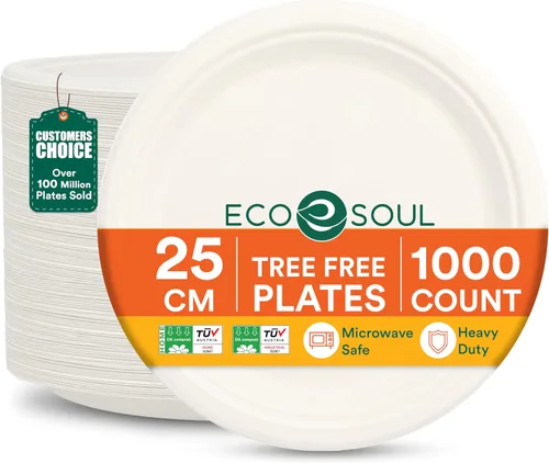 Miniatura 22 de ECO SOUL Compostable Paper Plates 9 Inch, 500 Pack – Heavy Duty Disposable Dinner Paper Plates, White Bagasse, Leak-Resistant, Microwave Safe