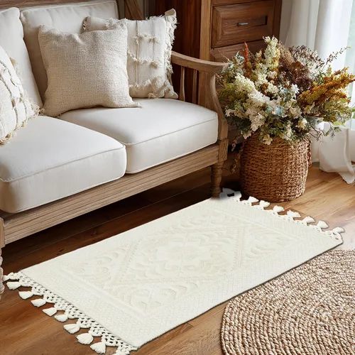 Miniatura 2 de COTTON CRAFT Alfombra tejida de área, paquete de 2 alfombras de algodón con textura jacquard, alfombra rústica bohemia con flecos, lavable a