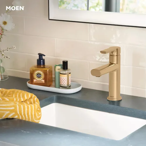 Miniatura 2 de Moen Meena Oro Bronceado - Grifo de fregadero de baño moderno de un solo agujero con una manija, placa de cubierta opcional y montaje de desagüe