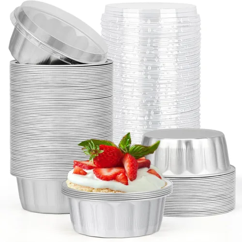 Miniatura 11 de Beasea Ramequines con tapas, 8oz 50 unidades de tazas de aluminio desechables para hornear, tazas de papel de aluminio plateado para creme brulee