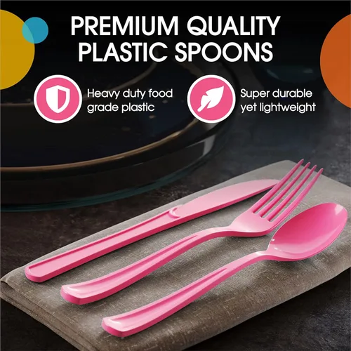 Miniatura 4 de Exquisite Cucharas de plástico rosa intenso, 50 unidades, cucharas de color rosa intenso, utensilios desechables, juego de cubiertos de plástico