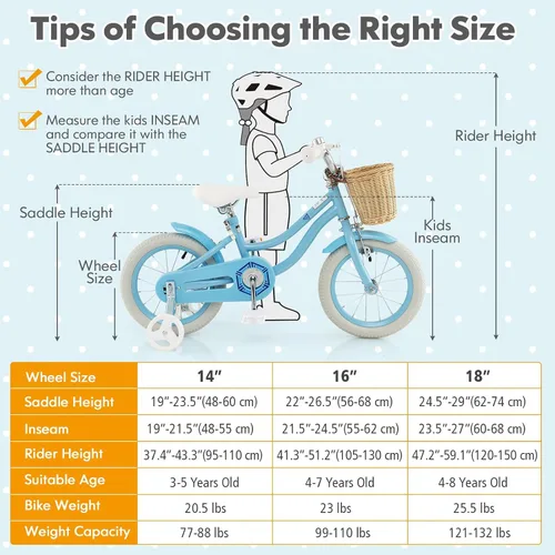 Miniatura 7 de COSTWAY Bicicleta para niños de 14, 16, 18 pulgadas, con ruedas de entrenamiento, canasta, asiento y manubrio ajustables, frenos de mano