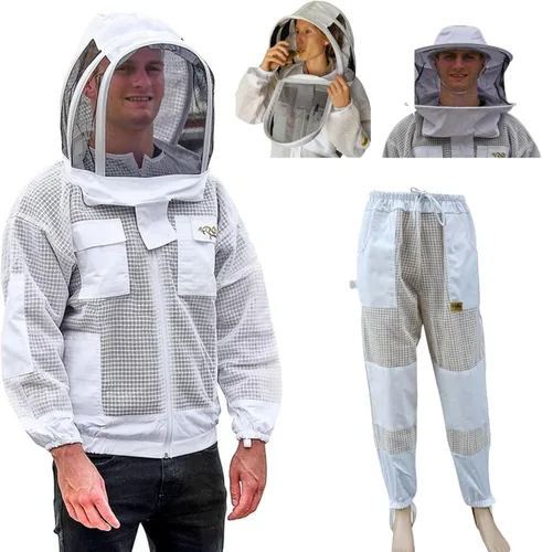 Chaqueta de traje de apicultura, pantalones/pantalones con 2 velos de esgrima capucha y sombrero de ala redonda, disfraz de malla ventilada de 3
