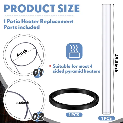Miniatura 2 de VIHOSE 1 pieza de repuesto para calentador de patio, tubo de vidrio de cuarzo de 49.5 x 4 pulgadas con anillo de conexión de silicona, repuesto