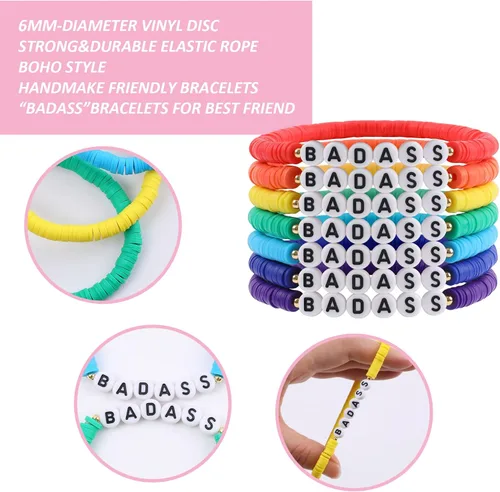 Miniatura 3 de Juego de pulseras heishi arcoíris estilo surfista para mujer, juego de pulseras apilables de cuentas de arcilla, pulseras elásticas con disco