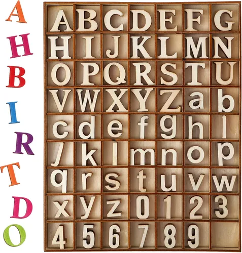 Blulu 248 letras del alfabeto de madera de 1 pulgada, números de letras de madera sin terminar, números para manualidades con bandeja de Color madera