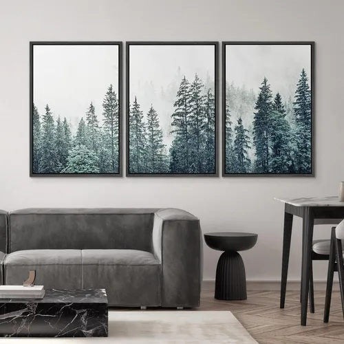Miniatura 4 de SIGNWIN - 3 cuadros en lienzo enmarcados, modernos, elegantes, de textura de grano, pinos de montaña con niebla y naturaleza silvestre para sala