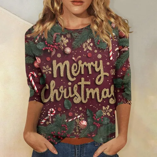Miniatura 35 de Camisetas de manga 3/4 para mujer, cuello redondo, holgadas, casuales, con estampado floral, camisetas de moda para el trabajo de negocios
